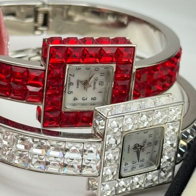 LOT 166J: Red Costume Jewelry: Vintage Y-chain Rose Necklace w Matching Bracelet & Drop Earrings, Zales Outlet Cuff Watch & More
