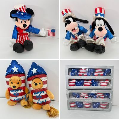 LOT 66A: USA Patriotic Disney Collection: US Flag Mickey Head Holiday Lights in Box (2), Patriotic Mickey, WDW 2002 4thof July Goofy...