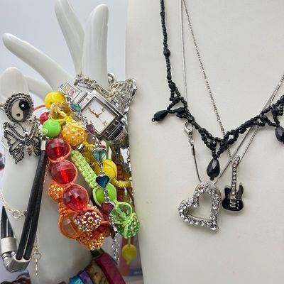 LOT 175J: Costume Jewelry: Beaded Bracelets, Butterfly Rings, Watch & Pendant Necklaces