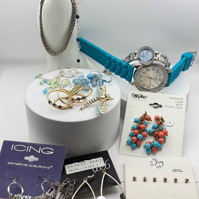 LOT 170J: Blue Dragonfly Brooch, Ladies' Watches, Pierced Earrings & More