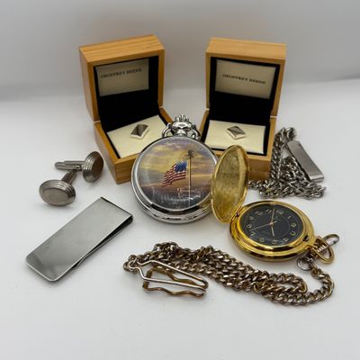 LOT 157J: Thomas Kinkade US Flag Pocket Watch, Geoffrey Beene Tie Tacks & More
