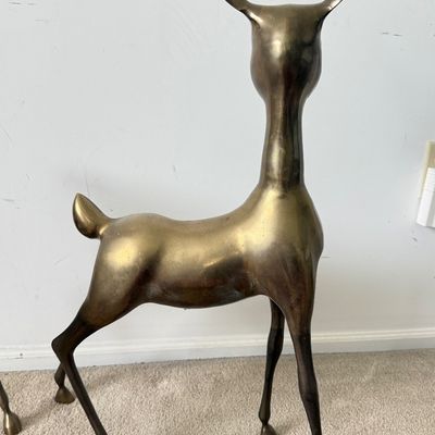 LOT 61A: Large Vintage Brass Deer Sculptures - 17" & 29" Tall