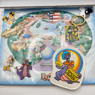LOT 126P: 2000s Disney's EPCOT Collection: Figment Patch, Pin Park Map w/ Trading Pins: Ying Yang Mickey Head, Figment, Angry Daisy,...