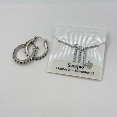 LOT 137F: Sterling Silver Scorpio Pendant Necklace & 925 Hoop Earrings