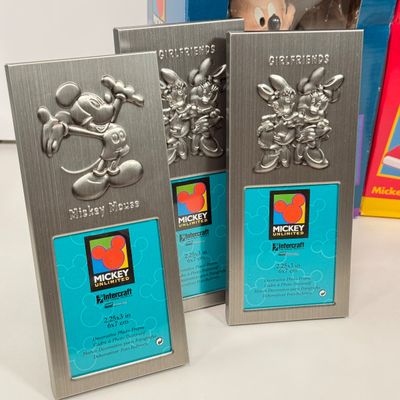 LOT 73A: Disney Character Photo Frames, Glass Candle & NIP Mickey Mouse Bookends, Business Card Holder, Pencil & Notepad Holder,...