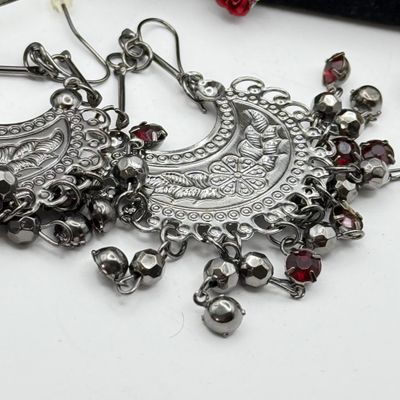 LOT 166J: Red Costume Jewelry: Vintage Y-chain Rose Necklace w Matching Bracelet & Drop Earrings, Zales Outlet Cuff Watch & More