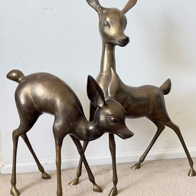 LOT 61A: Large Vintage Brass Deer Sculptures - 17" & 29" Tall