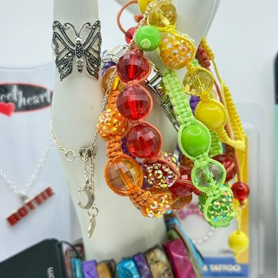 LOT 175J: Costume Jewelry: Beaded Bracelets, Butterfly Rings, Watch & Pendant Necklaces