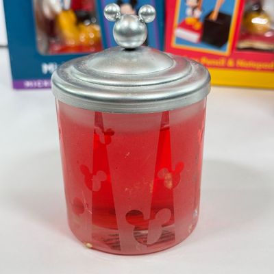 LOT 73A: Disney Character Photo Frames, Glass Candle & NIP Mickey Mouse Bookends, Business Card Holder, Pencil & Notepad Holder,...