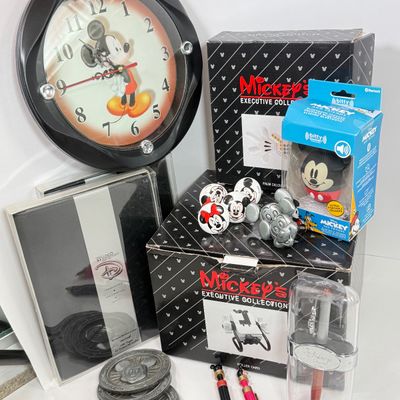 LOT 78A: Disney Office Collection: Mickey's Executive Collection Palm Calculator & Roller Card in Box, Wall Clock, Mickey &...