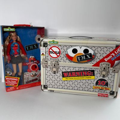 LOT 64A: NIB Sesame Street TMX Tickle Me Elmo 10th Anniversary Toy & TMX Tickle Me Elmo Barbie NRFB