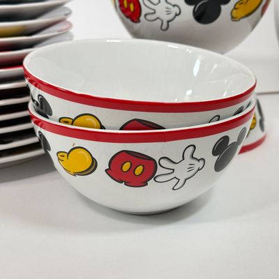 LOT 76A: Disney Parks Mickey Mouse Ceramic Dish Set: 6 Dinner Plates, 6 Salad Plates & 5 Bowls