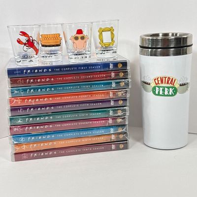 LOT 77A: I'll Be There for You... Friends Collection: Seasons 1-10 on DVD, Set of 4 Shot Glasses & Central Perk Travel Mug