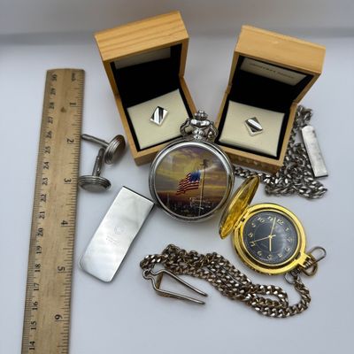 LOT 157J: Thomas Kinkade US Flag Pocket Watch, Geoffrey Beene Tie Tacks & More