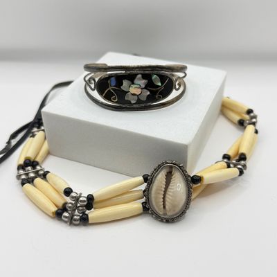LOT 146F: Mother of Pearl Inlay 925 Cuff & Shell Choker Necklace