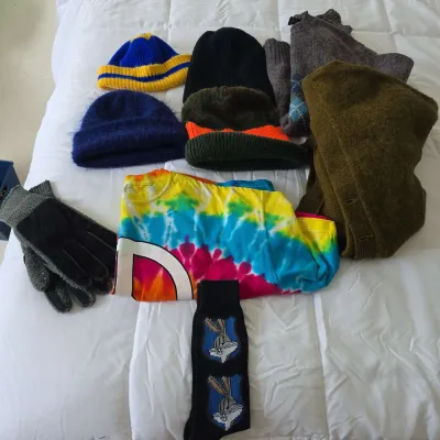 Tooks, Sweaters, Pair Of Gloves,   Tie Die  XXL Shirt, And Rascally Rabit Socks, And 2 Wool Sweaters