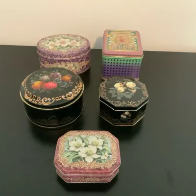 Decorative Floral Tin Collection w/ Storage Tote & Keepsake Boxes