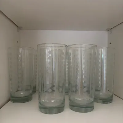 Set of 8 Mid-Century Style Highball Glasses with Frosted Dot Pattern