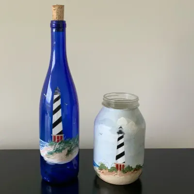 Hand-Painted Lighthouse Glass Bottle & Mason Jar Coastal Décor