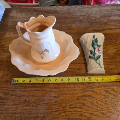 Vintage Hand-Painted Ceramic Pitcher & Bowl with Floral Wall Pocket Vase – Unmarked