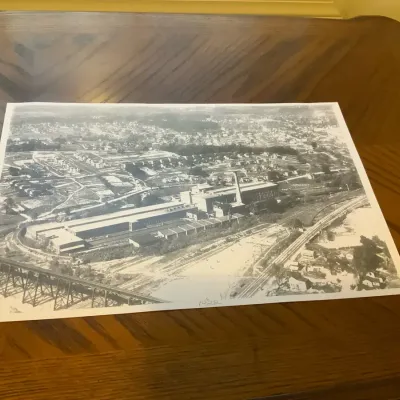 1922 Industrial Aerial Photograph with Factory, Rail Lines & Trestle