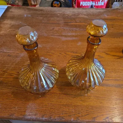 Pair of Vintage Italian Amber Glass Decanters with Original Stoppers