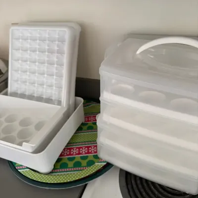 Kitchen Organization & Entertaining Lot – Ice Cube Trays, Deviled Egg Carrier & Serving 