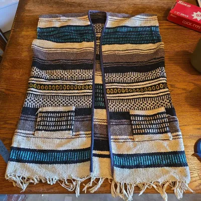 Vintage Mexican Baja Blanket Vest – Blue/Gray/Black Woven Fringe – Adult Size