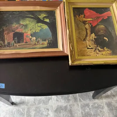 Framed Wall Art Pair – Spanish Matador & Folk Art Village Scene