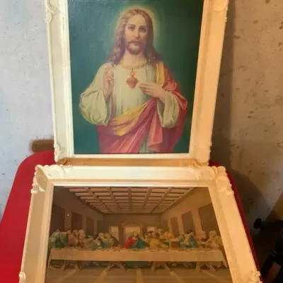Vintage Sacred Heart of Jesus & Last Supper Framed Religious Prints