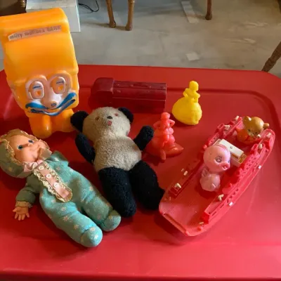 Vintage Toy Lot – Miffy Mailbox Bank, Working Pull-String Doll, Esso Truck & Ferry