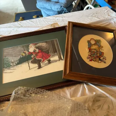 Framed Christmas Needlepoint & Cross-Stitch Santa Wall Art – Pair