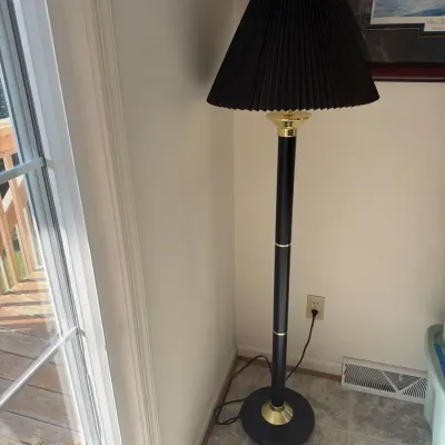 Contemporary Black & Brass Floor Lamp with Pleated Shade
