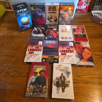 Lot of 13 Factory Sealed VHS Movies with Blank TDK EHG VHS Tapes