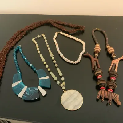 Vintage Statement Necklace Lot w/ Carved Wood, Shell, Resin & Tribal Style Jewelry