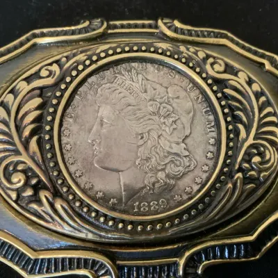 Heritage Buckles Solid Brass Belt Buckle with 1889-O Morgan Silver Dollar