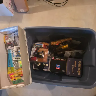 Bulk Fishing Gear Estate Lot - New & Vintage Reels, Lures, Okuma, Penn, Zebco, Shakespeare