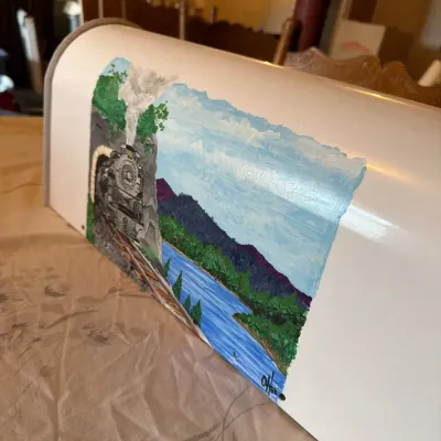 Hand-Painted Decorative Mailbox with Train Landscape Artwork