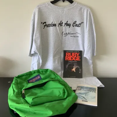 Signed Randy Weaver Ruby Ridge Book & “Freedom At Any Cost” T-Shirt + Jansport Backpack