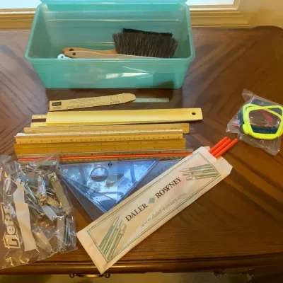 Vintage Drafting & Measuring Tools with Storage Bin