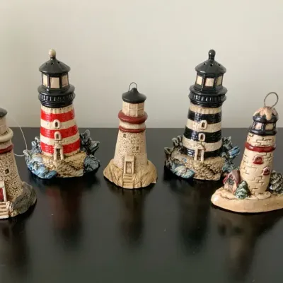 Lighthouse Salt & Pepper Shakers & Lighthouse Ornaments | 5-Piece Coastal Lot