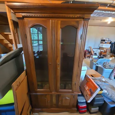 Vintage Oak Finish Glass Front Gun Display Cabinet with Lower Storage