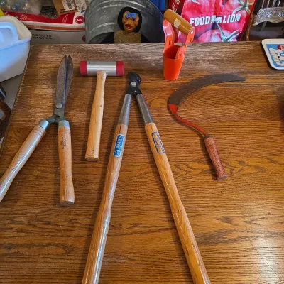 Vintage Garden Tool Lot – Ames Loppers, Hedge Shears, Grass Hook, Bulb Planter & Rubber Mallet