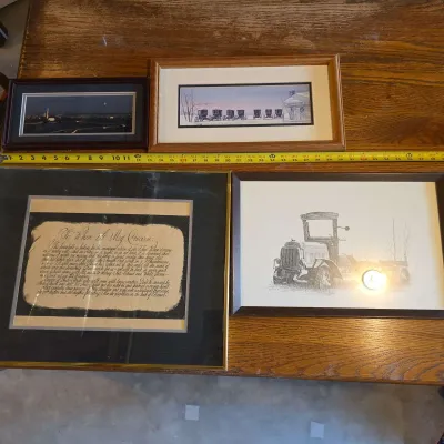 Four Framed Decorative Prints Including Washington, D.C., Winter Scene, Vintage Tractor & Reproducti