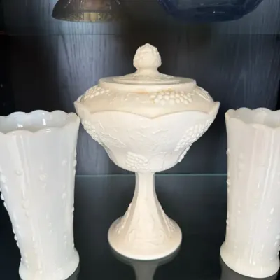 Westmoreland Milk Glass Paneled Grape Collection – Covered Compote, Vases & Serving Pieces