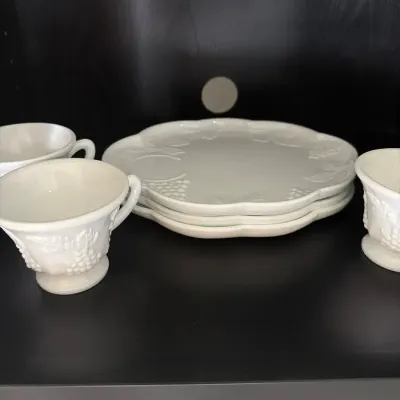 Westmoreland Paneled Grape Milk Glass Snack Set – 3 Cups & 3 Matching Plates