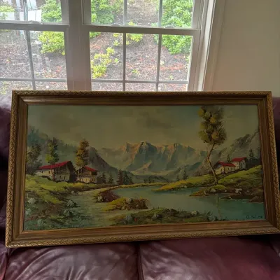 Framed Mountain Lake Landscape Oil Painting Signed O. Yeline