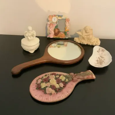 Vintage Vanity & Cottage Decor Lot | Wood Hand Mirror, Angel Figurines, Porcelain Dish & More