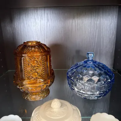 Vintage Covered Candy Dishes – Amber & Blue Pressed Glass Decorative Containers