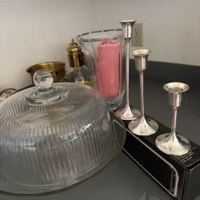 Glass Cake Stand, Silverplate Candlesticks & Decorative Serving Pieces